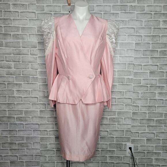 VTG 80s Madonna Pink, Lace & Sequin 2 Piece Skirt/Blazer Set - Picture 1 of 10